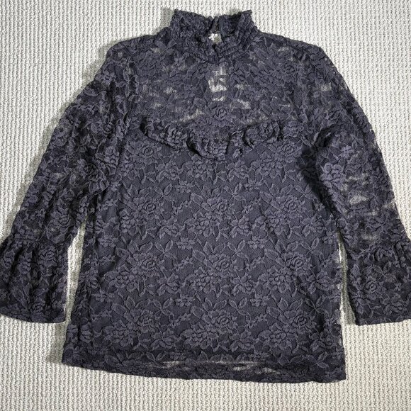 Lily White Victorian Semi-Sheer Floral Lace Blouse Women's Gray XL High Neckline - Picture 3 of 9